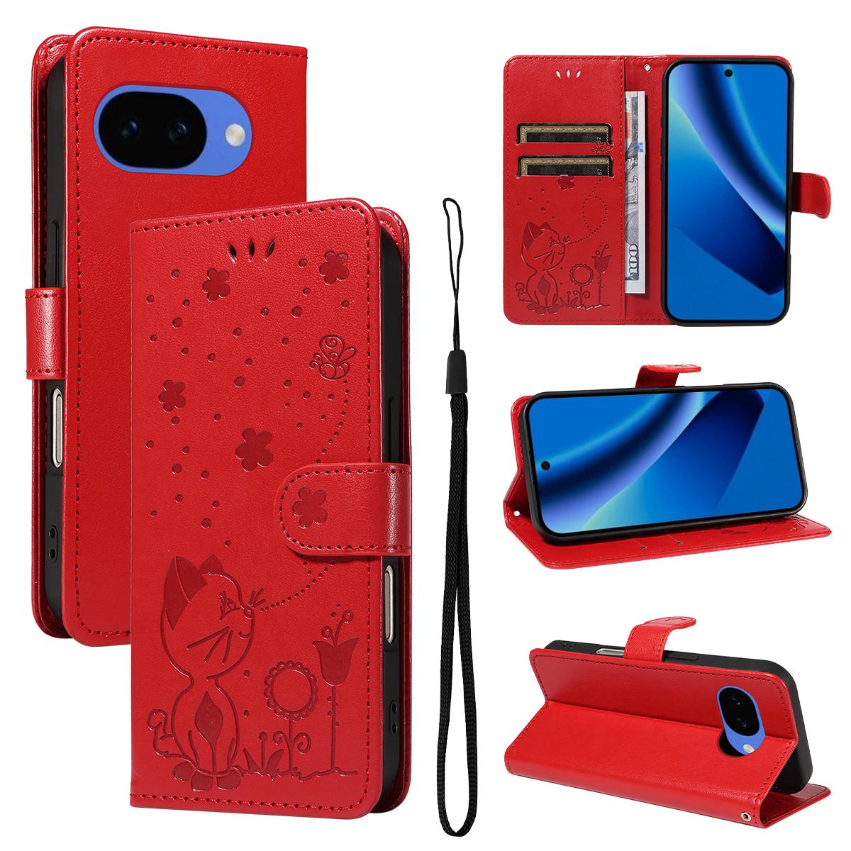 For Google Pixel 10a Cat and Bee Embossed Flip Leather Phone Case Wallet Cover with Card Slots Cash Pocket Magnetic Stand Protective Shockproof TPU PU Leather Case with Wrist Strap