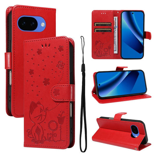 For Google Pixel 10a Cat and Bee Embossed Flip Leather Phone Case Wallet Cover with Card Slots Cash Pocket Magnetic Stand Protective Shockproof TPU PU Leather Case with Wrist Strap