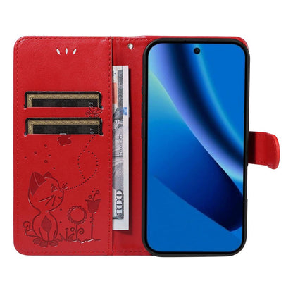 For Google Pixel 10a Cat and Bee Embossed Flip Leather Phone Case Wallet Cover with Card Slots Cash Pocket Magnetic Stand Protective Shockproof TPU PU Leather Case with Wrist Strap