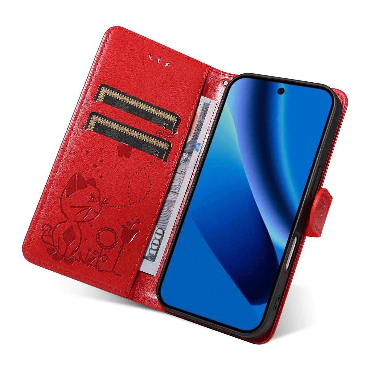 For Google Pixel 10a Cat and Bee Embossed Flip Leather Phone Case Wallet Cover with Card Slots Cash Pocket Magnetic Stand Protective Shockproof TPU PU Leather Case with Wrist Strap