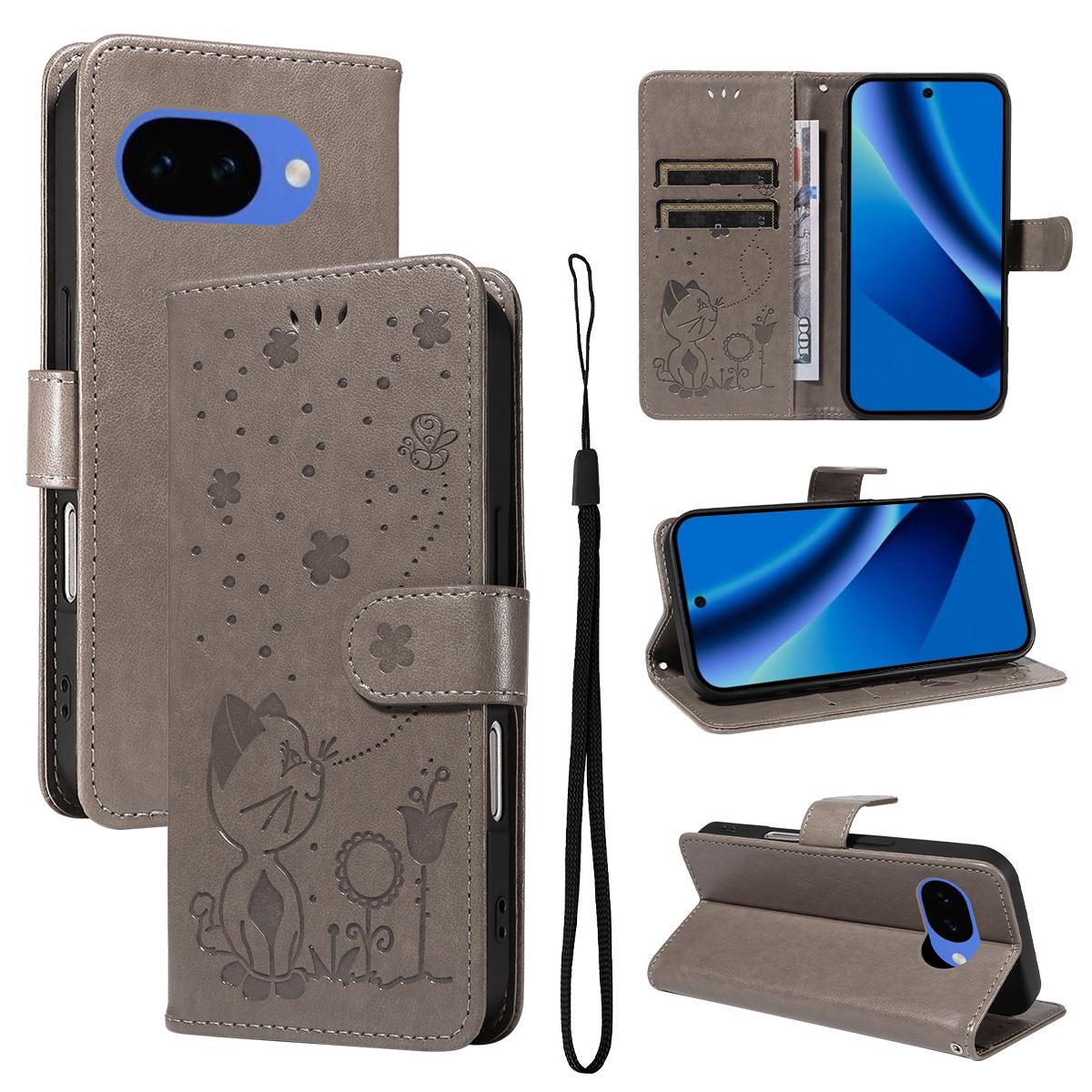 For Google Pixel 10a Cat and Bee Embossed Flip Leather Phone Case Wallet Cover with Card Slots Cash Pocket Magnetic Stand Protective Shockproof TPU PU Leather Case with Wrist Strap
