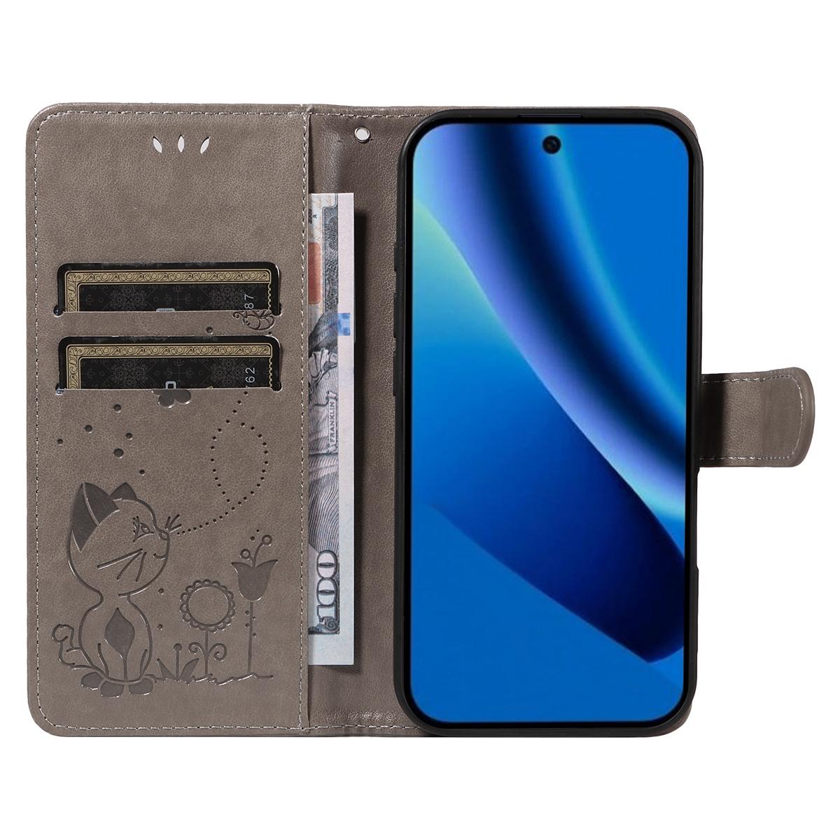 For Google Pixel 10a Cat and Bee Embossed Flip Leather Phone Case Wallet Cover with Card Slots Cash Pocket Magnetic Stand Protective Shockproof TPU PU Leather Case with Wrist Strap