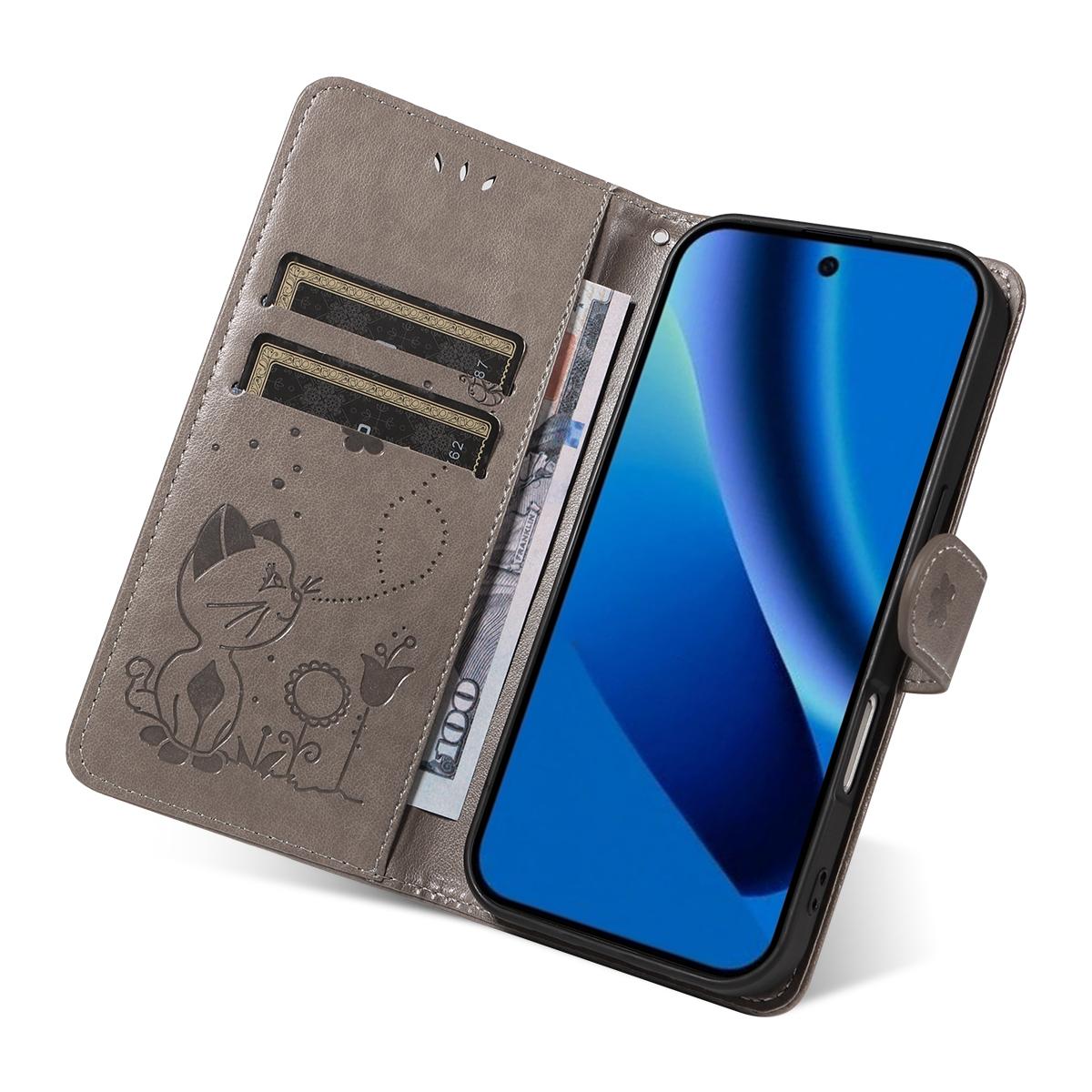 For Google Pixel 10a Cat and Bee Embossed Flip Leather Phone Case Wallet Cover with Card Slots Cash Pocket Magnetic Stand Protective Shockproof TPU PU Leather Case with Wrist Strap