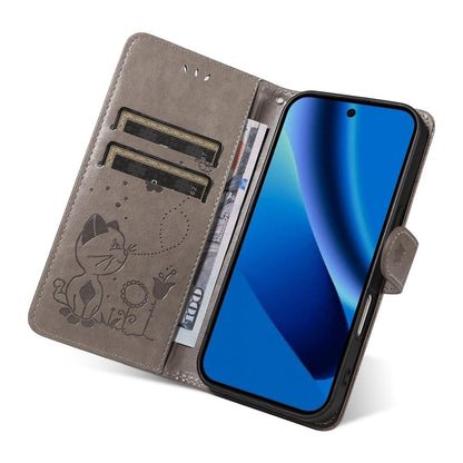 For Google Pixel 10a Cat and Bee Embossed Flip Leather Phone Case Wallet Cover with Card Slots Cash Pocket Magnetic Stand Protective Shockproof TPU PU Leather Case with Wrist Strap