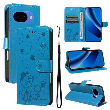 For Google Pixel 10a Cat and Bee Embossed Flip Leather Phone Case Wallet Cover with Card Slots Cash Pocket Magnetic Stand Protective Shockproof TPU PU Leather Case with Wrist Strap
