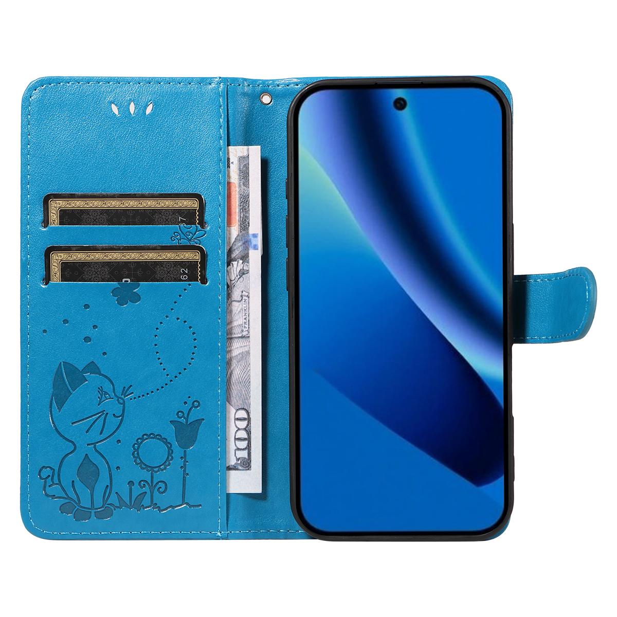 For Google Pixel 10a Cat and Bee Embossed Flip Leather Phone Case Wallet Cover with Card Slots Cash Pocket Magnetic Stand Protective Shockproof TPU PU Leather Case with Wrist Strap