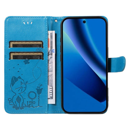 For Google Pixel 10a Cat and Bee Embossed Flip Leather Phone Case Wallet Cover with Card Slots Cash Pocket Magnetic Stand Protective Shockproof TPU PU Leather Case with Wrist Strap