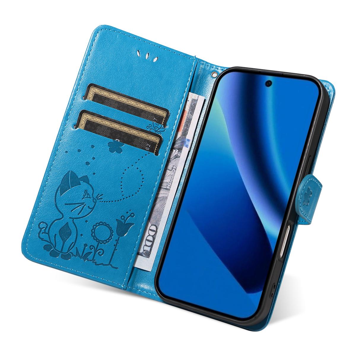For Google Pixel 10a Cat and Bee Embossed Flip Leather Phone Case Wallet Cover with Card Slots Cash Pocket Magnetic Stand Protective Shockproof TPU PU Leather Case with Wrist Strap