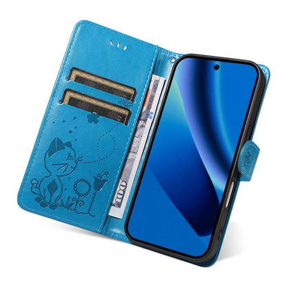For Google Pixel 10a Cat and Bee Embossed Flip Leather Phone Case Wallet Cover with Card Slots Cash Pocket Magnetic Stand Protective Shockproof TPU PU Leather Case with Wrist Strap