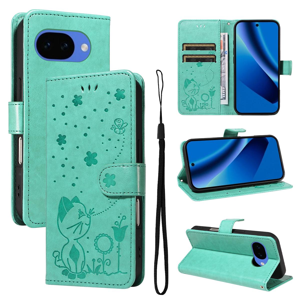 For Google Pixel 10a Cat and Bee Embossed Flip Leather Phone Case Wallet Cover with Card Slots Cash Pocket Magnetic Stand Protective Shockproof TPU PU Leather Case with Wrist Strap
