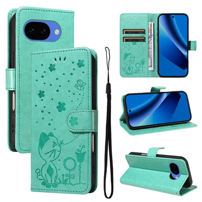 For Google Pixel 10a Cat and Bee Embossed Flip Leather Phone Case Wallet Cover with Card Slots Cash Pocket Magnetic Stand Protective Shockproof TPU PU Leather Case with Wrist Strap
