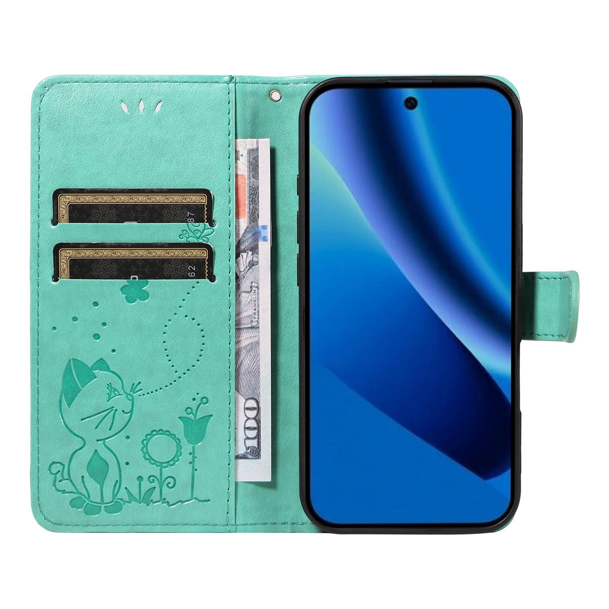 For Google Pixel 10a Cat and Bee Embossed Flip Leather Phone Case Wallet Cover with Card Slots Cash Pocket Magnetic Stand Protective Shockproof TPU PU Leather Case with Wrist Strap