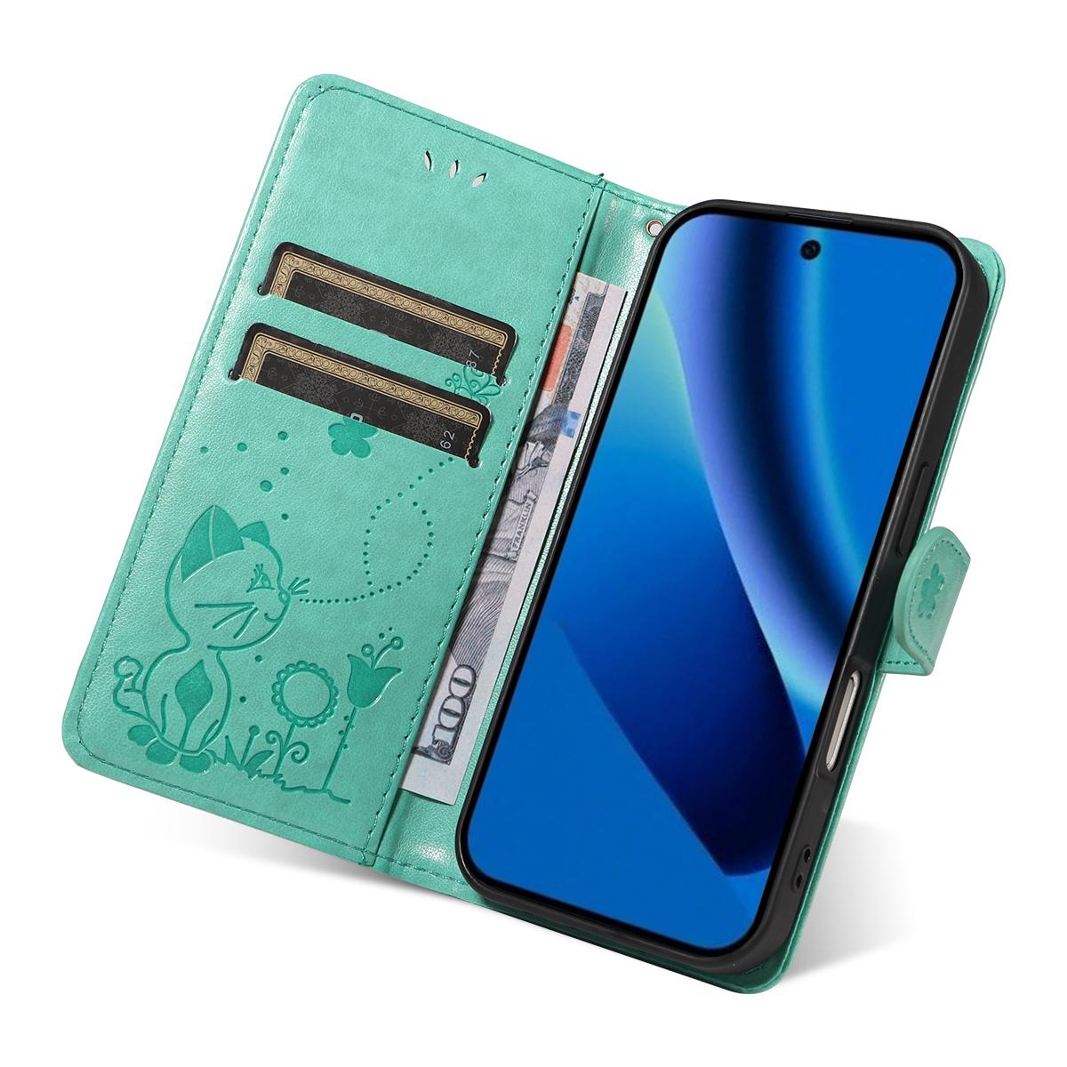 For Google Pixel 10a Cat and Bee Embossed Flip Leather Phone Case Wallet Cover with Card Slots Cash Pocket Magnetic Stand Protective Shockproof TPU PU Leather Case with Wrist Strap
