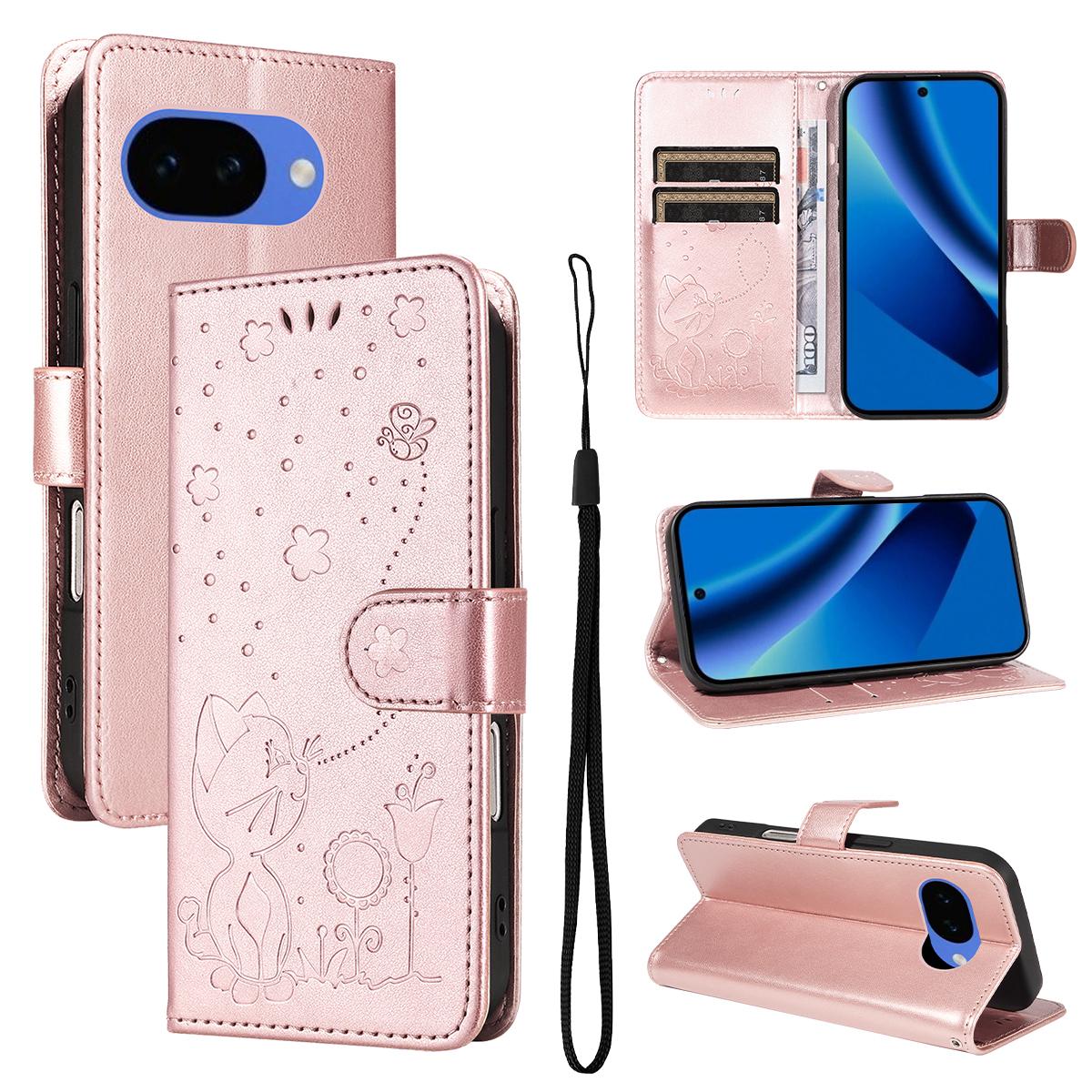 For Google Pixel 10a Cat and Bee Embossed Flip Leather Phone Case Wallet Cover with Card Slots Cash Pocket Magnetic Stand Protective Shockproof TPU PU Leather Case with Wrist Strap