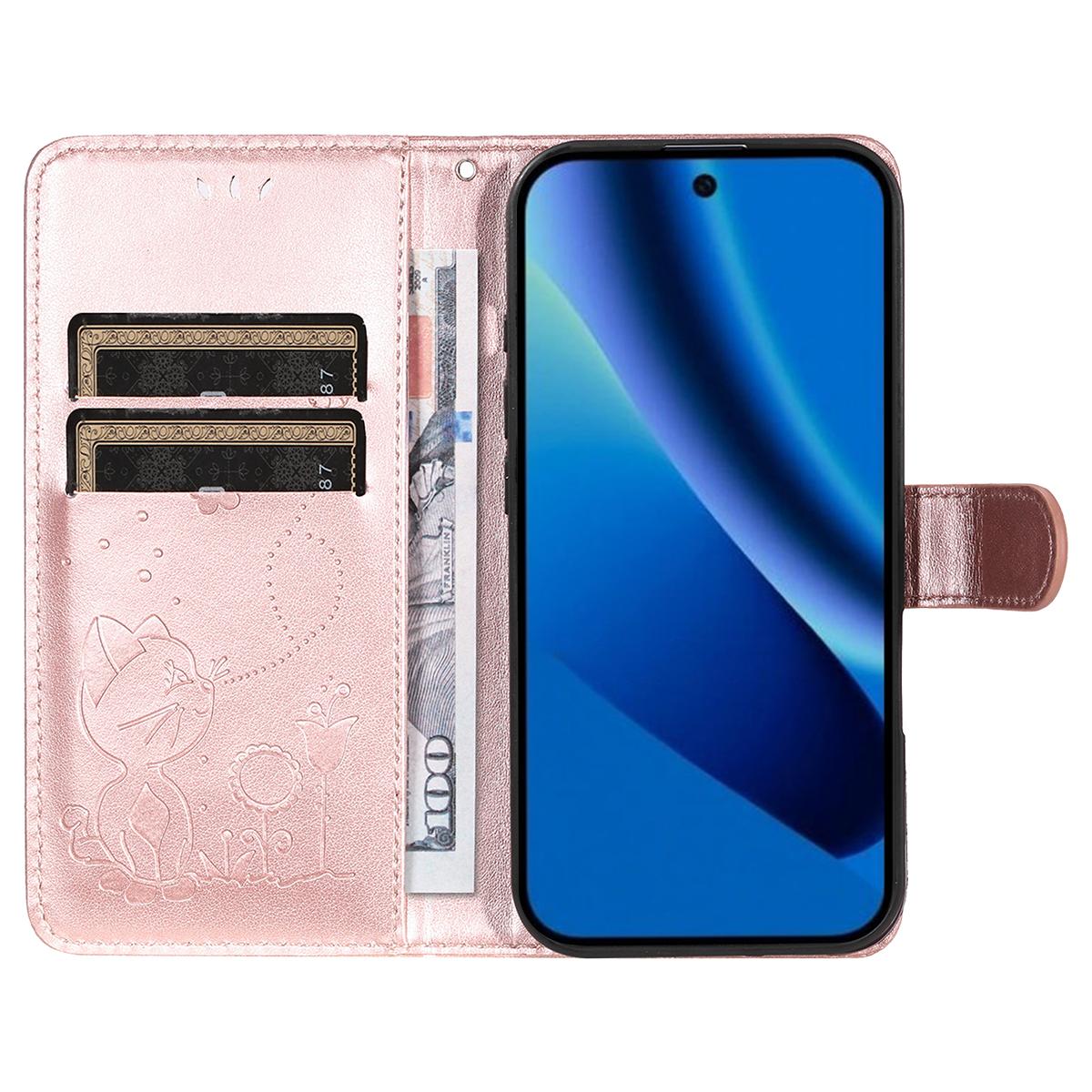 For Google Pixel 10a Cat and Bee Embossed Flip Leather Phone Case Wallet Cover with Card Slots Cash Pocket Magnetic Stand Protective Shockproof TPU PU Leather Case with Wrist Strap