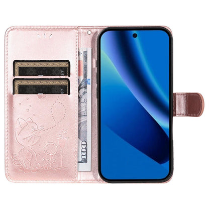 For Google Pixel 10a Cat and Bee Embossed Flip Leather Phone Case Wallet Cover with Card Slots Cash Pocket Magnetic Stand Protective Shockproof TPU PU Leather Case with Wrist Strap
