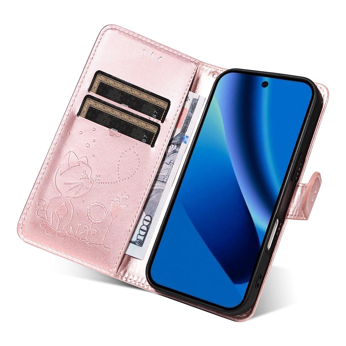 For Google Pixel 10a Cat and Bee Embossed Flip Leather Phone Case Wallet Cover with Card Slots Cash Pocket Magnetic Stand Protective Shockproof TPU PU Leather Case with Wrist Strap