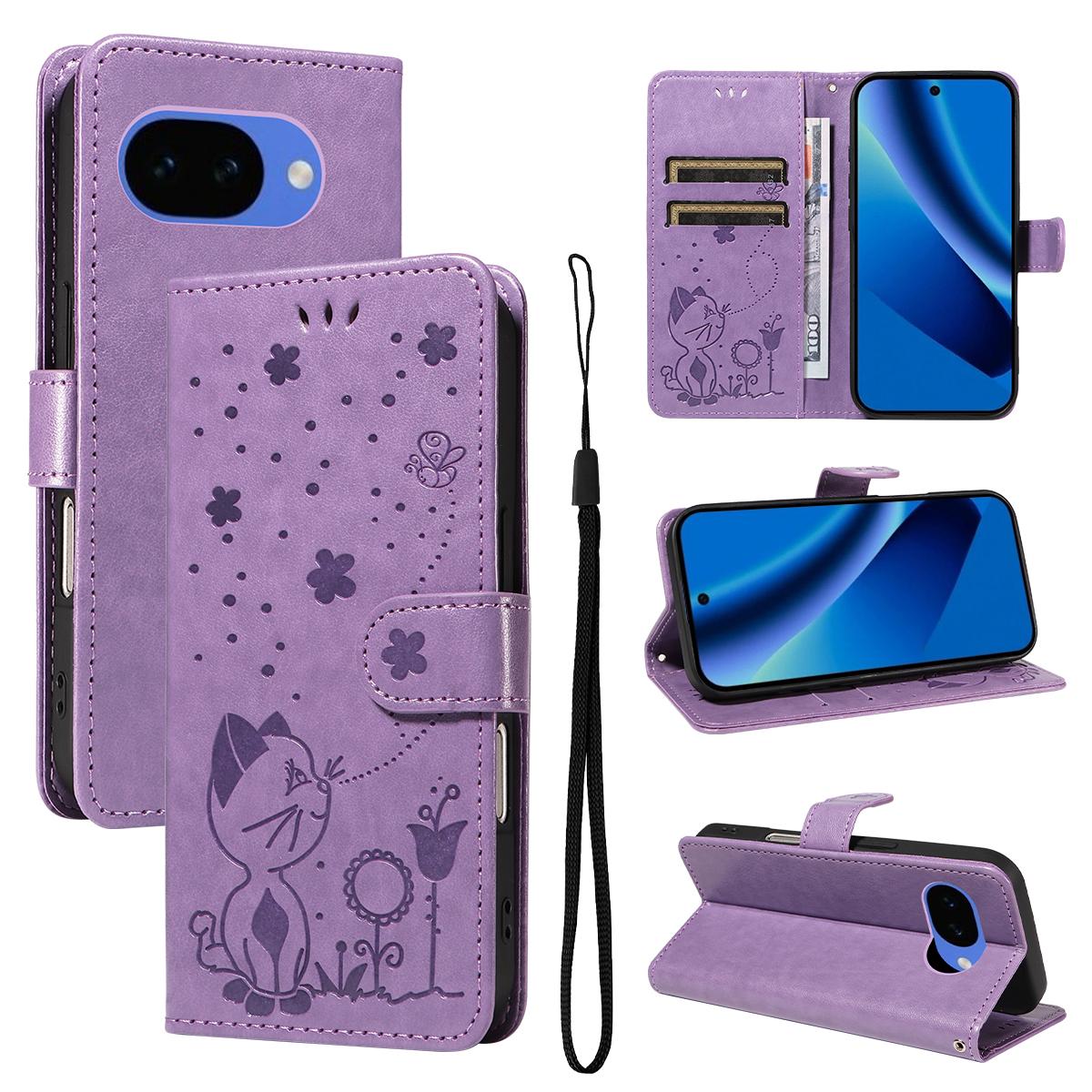For Google Pixel 10a Cat and Bee Embossed Flip Leather Phone Case Wallet Cover with Card Slots Cash Pocket Magnetic Stand Protective Shockproof TPU PU Leather Case with Wrist Strap