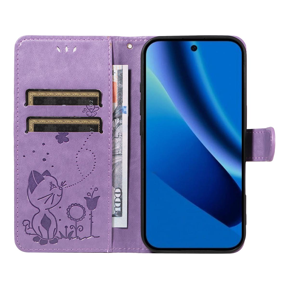 For Google Pixel 10a Cat and Bee Embossed Flip Leather Phone Case Wallet Cover with Card Slots Cash Pocket Magnetic Stand Protective Shockproof TPU PU Leather Case with Wrist Strap