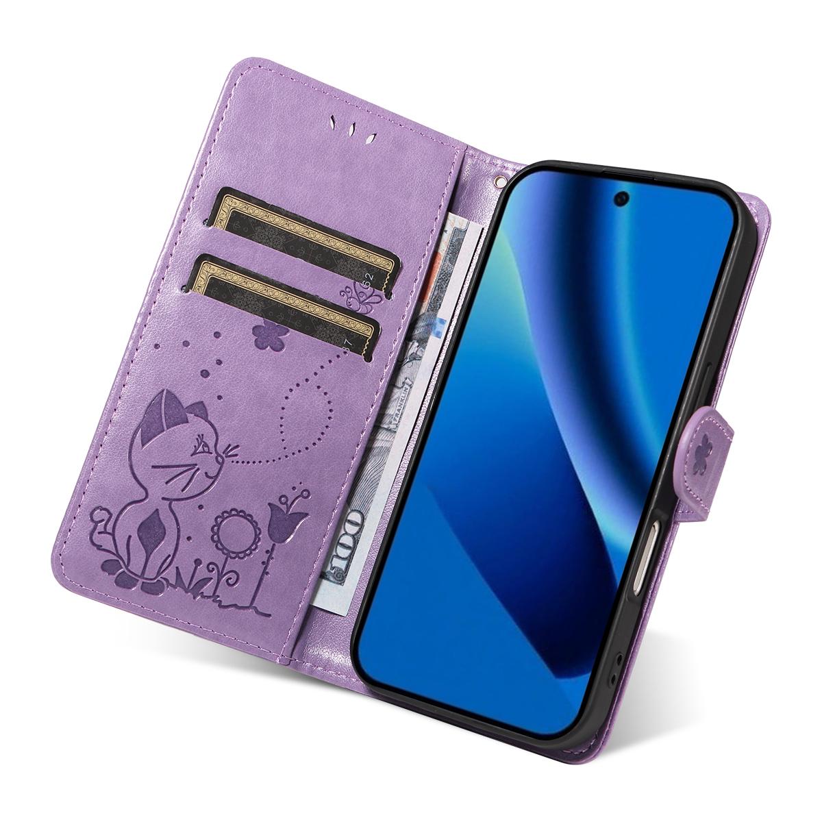 For Google Pixel 10a Cat and Bee Embossed Flip Leather Phone Case Wallet Cover with Card Slots Cash Pocket Magnetic Stand Protective Shockproof TPU PU Leather Case with Wrist Strap