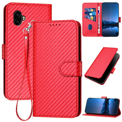 Samsung Galaxy XCover7 Pro Carbon Fiber Buckle Leather Phone Case with Lanyard, PU Leather TPU Wallet Cover with Card Slot, Cash Compartment, Stand Function & Scratch Protection
