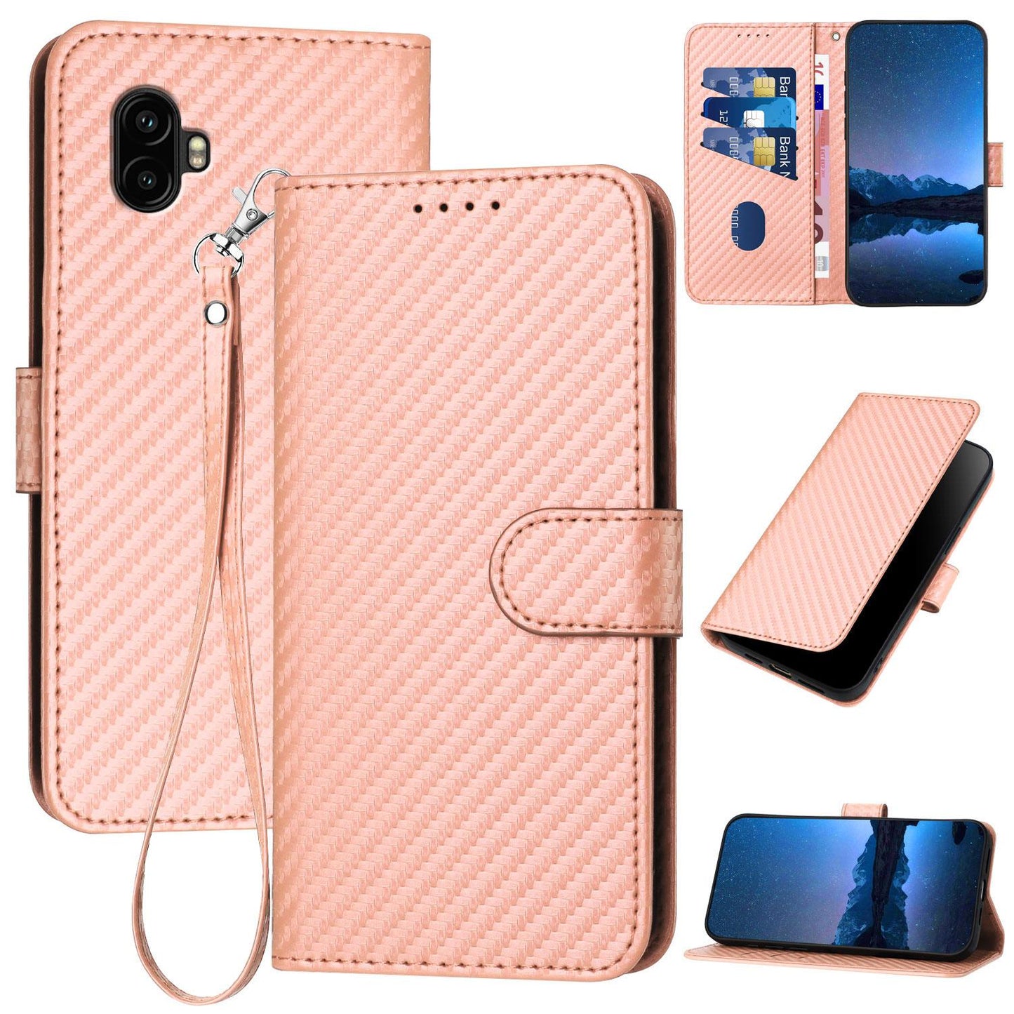 Samsung Galaxy XCover7 Pro Carbon Fiber Buckle Leather Phone Case with Lanyard, PU Leather TPU Wallet Cover with Card Slot, Cash Compartment, Stand Function & Scratch Protection