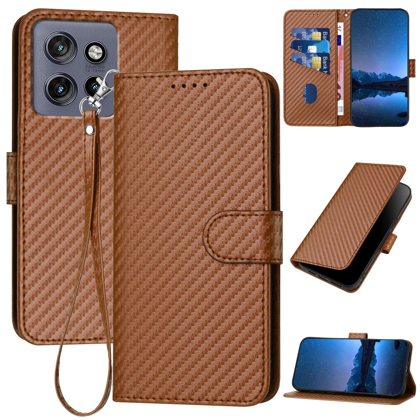 Motorola Edge 50 Neo Carbon Fiber Buckle Leather Phone Case with Lanyard, PU Leather TPU Wallet Cover with Card Slot, Cash Compartment, Stand Function & Scratch Protection