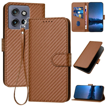 Motorola Edge 50 Neo Carbon Fiber Buckle Leather Phone Case with Lanyard, PU Leather TPU Wallet Cover with Card Slot, Cash Compartment, Stand Function & Scratch Protection