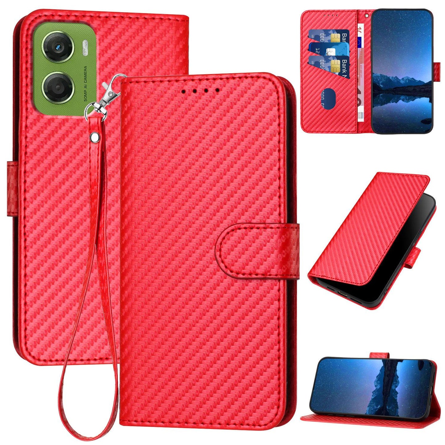 Motorola Moto G06 4G Carbon Fiber Buckle Leather Phone Case with Lanyard, PU Leather TPU Wallet Cover with Card Slot, Cash Compartment, Stand Function & Scratch Protection