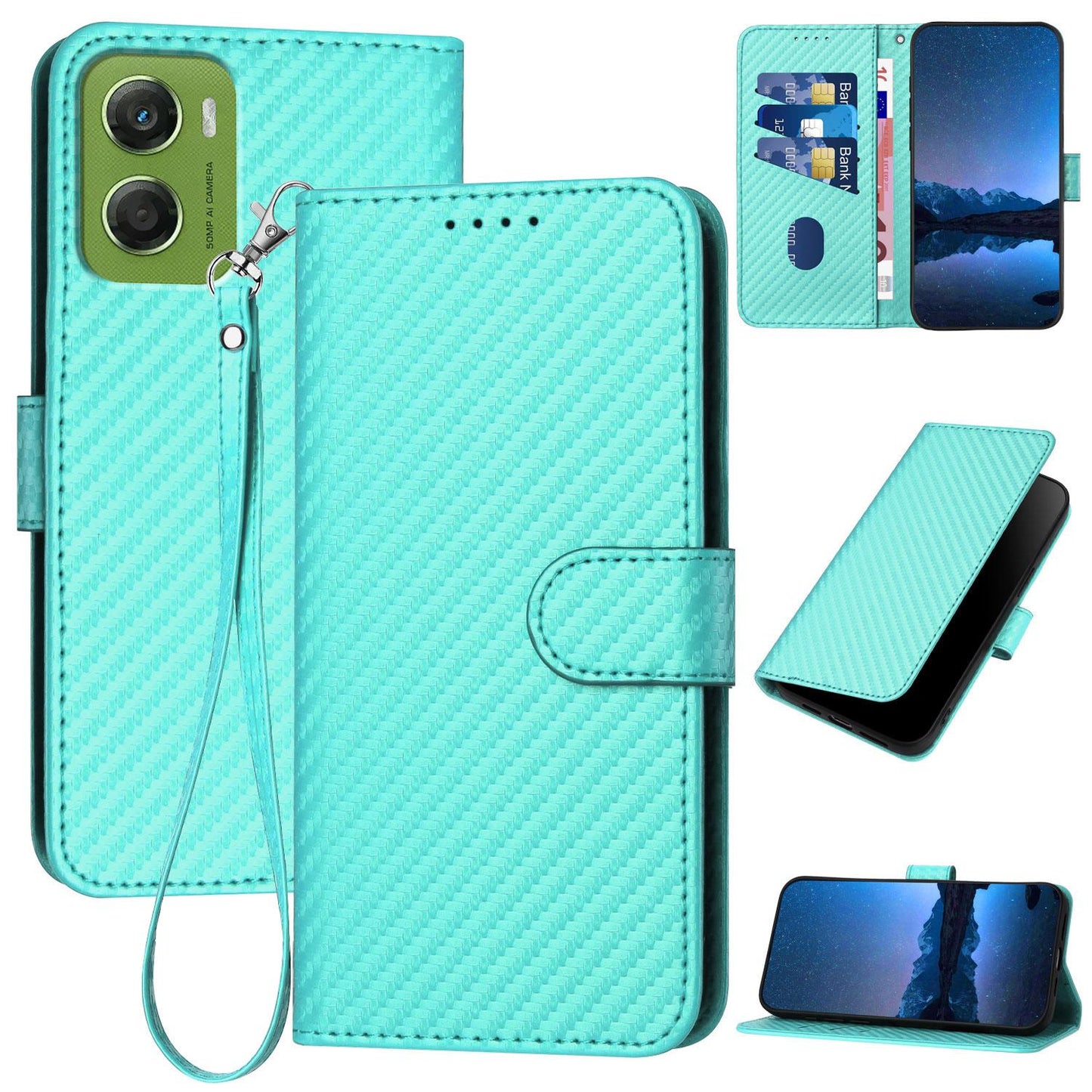 Motorola Moto G06 Power 4G Carbon Fiber Buckle Leather Phone Case with Lanyard, PU Leather TPU Wallet Cover with Card Slot, Cash Compartment, Stand Function & Scratch Protection