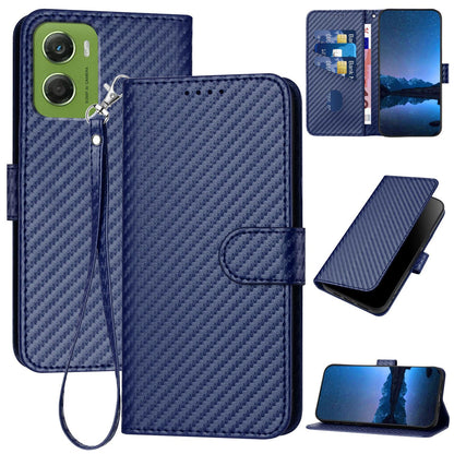 Motorola Moto G06 4G Carbon Fiber Buckle Leather Phone Case with Lanyard, PU Leather TPU Wallet Cover with Card Slot, Cash Compartment, Stand Function & Scratch Protection