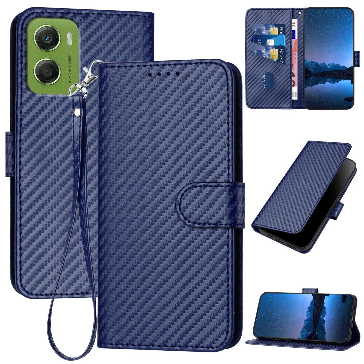 Motorola Moto G06 Power 4G Carbon Fiber Buckle Leather Phone Case with Lanyard, PU Leather TPU Wallet Cover with Card Slot, Cash Compartment, Stand Function & Scratch Protection