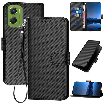 Motorola Moto G06 4G Carbon Fiber Buckle Leather Phone Case with Lanyard, PU Leather TPU Wallet Cover with Card Slot, Cash Compartment, Stand Function & Scratch Protection