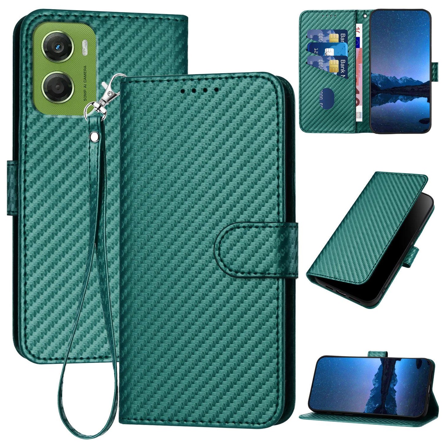 Motorola Moto G06 Power 4G Carbon Fiber Buckle Leather Phone Case with Lanyard, PU Leather TPU Wallet Cover with Card Slot, Cash Compartment, Stand Function & Scratch Protection