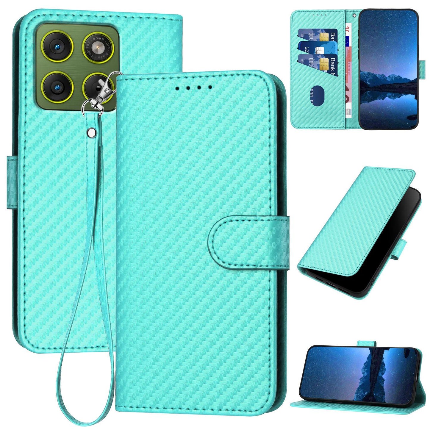 Motorola Edge 70 5G Carbon Fiber Buckle Leather Phone Case with Lanyard, PU Leather TPU Wallet Cover with Card Slot, Cash Compartment, Stand Function & Scratch Protection