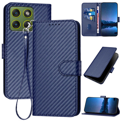 Motorola Moto X70 Air 5G Carbon Fiber Buckle Leather Phone Case with Lanyard, PU Leather TPU Wallet Cover with Card Slot, Cash Compartment, Stand Function & Scratch Protection