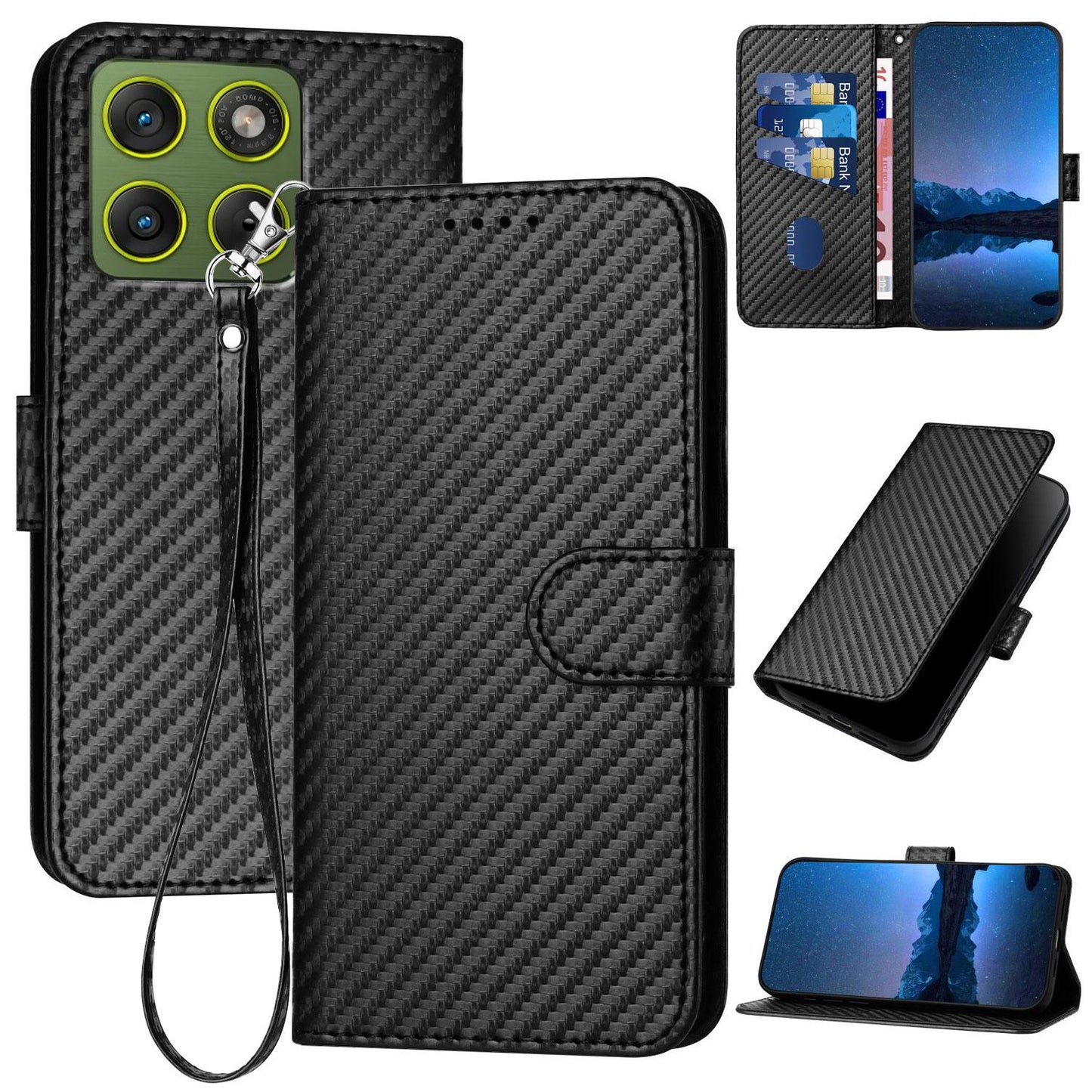 Motorola Edge 70 5G Carbon Fiber Buckle Leather Phone Case with Lanyard, PU Leather TPU Wallet Cover with Card Slot, Cash Compartment, Stand Function & Scratch Protection