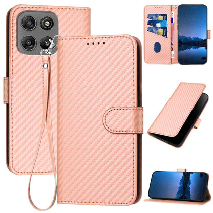 Motorola Moto G67 Power 5G Carbon Fiber Buckle Leather Phone Case with Lanyard, PU Leather TPU Wallet Cover with Card Slot, Cash Compartment, Stand Function & Scratch Protection