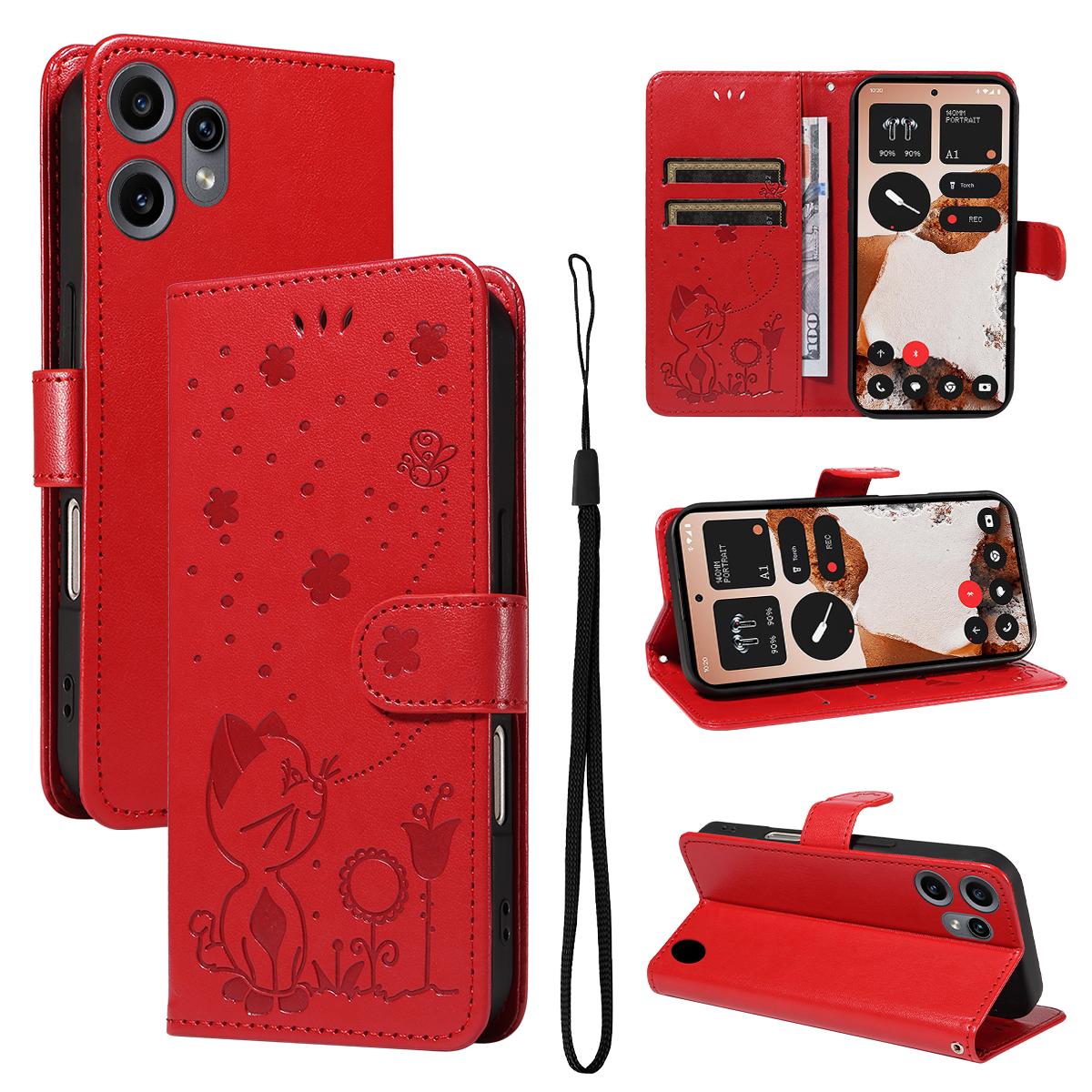 For Nothing CMF Phone 2 Pro Cat and Bee Embossed Flip Leather Phone Case Wallet Cover with Card Slots Cash Pocket Magnetic Stand Protective Shockproof TPU PU Leather Case with Wrist Strap