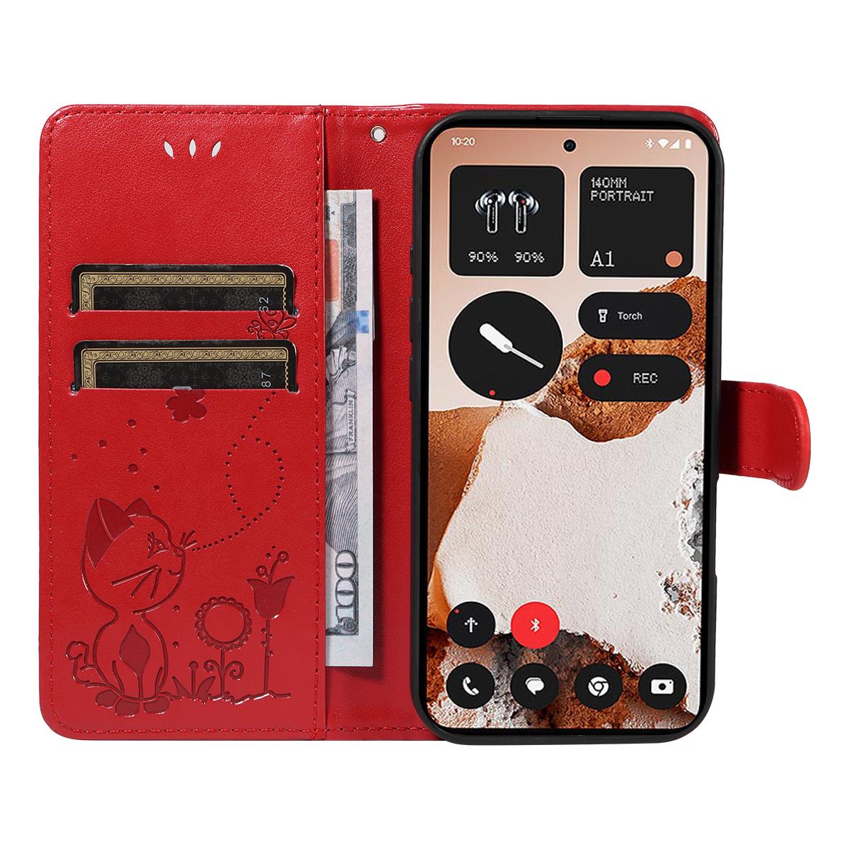 For Nothing CMF Phone 2 Pro Cat and Bee Embossed Flip Leather Phone Case Wallet Cover with Card Slots Cash Pocket Magnetic Stand Protective Shockproof TPU PU Leather Case with Wrist Strap