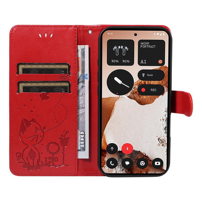 For Nothing CMF Phone 2 Pro Cat and Bee Embossed Flip Leather Phone Case Wallet Cover with Card Slots Cash Pocket Magnetic Stand Protective Shockproof TPU PU Leather Case with Wrist Strap