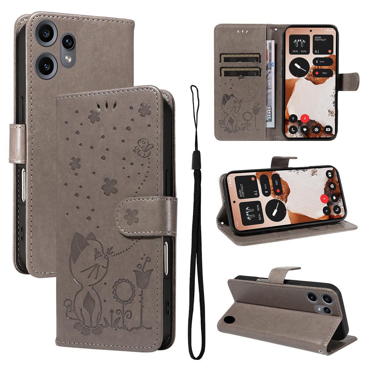 For Nothing CMF Phone 2 Pro Cat and Bee Embossed Flip Leather Phone Case Wallet Cover with Card Slots Cash Pocket Magnetic Stand Protective Shockproof TPU PU Leather Case with Wrist Strap