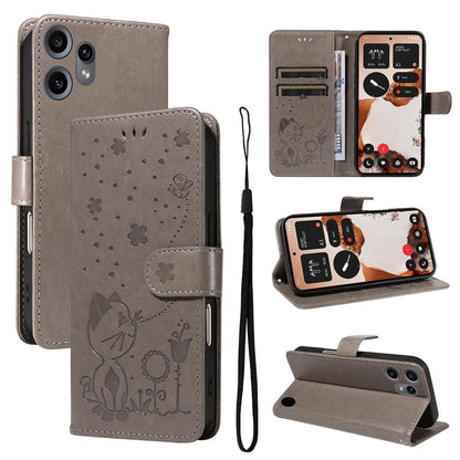 For Nothing CMF Phone 2 Pro Cat and Bee Embossed Flip Leather Phone Case Wallet Cover with Card Slots Cash Pocket Magnetic Stand Protective Shockproof TPU PU Leather Case with Wrist Strap