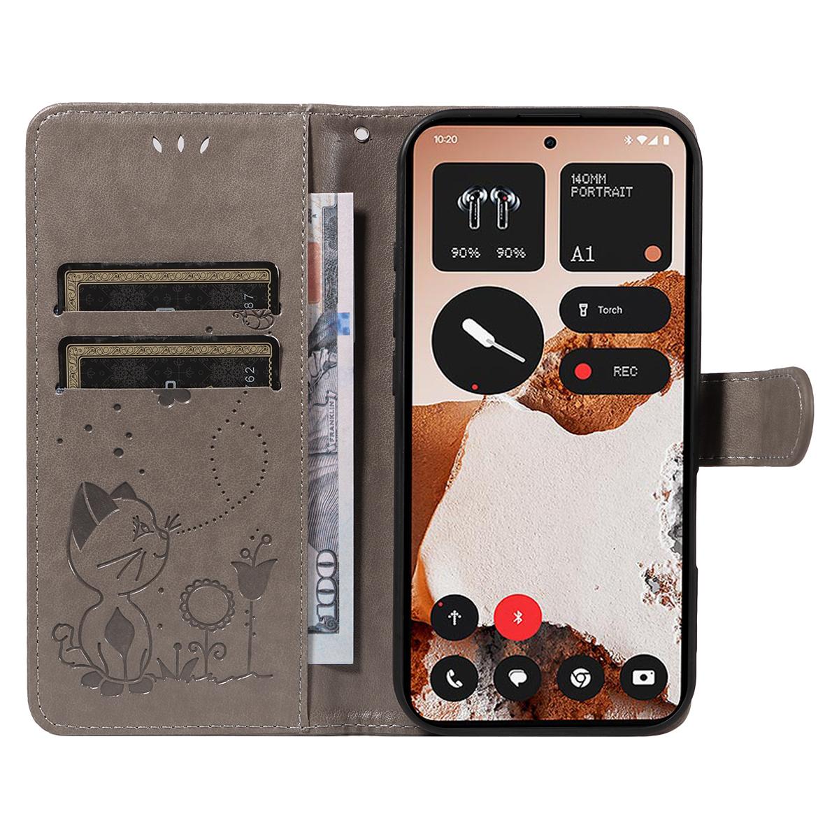 For Nothing CMF Phone 2 Pro Cat and Bee Embossed Flip Leather Phone Case Wallet Cover with Card Slots Cash Pocket Magnetic Stand Protective Shockproof TPU PU Leather Case with Wrist Strap