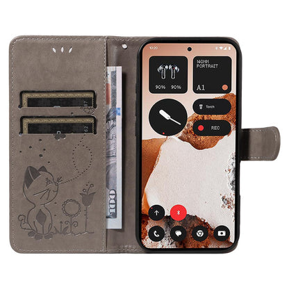 For Nothing CMF Phone 2 Pro Cat and Bee Embossed Flip Leather Phone Case Wallet Cover with Card Slots Cash Pocket Magnetic Stand Protective Shockproof TPU PU Leather Case with Wrist Strap