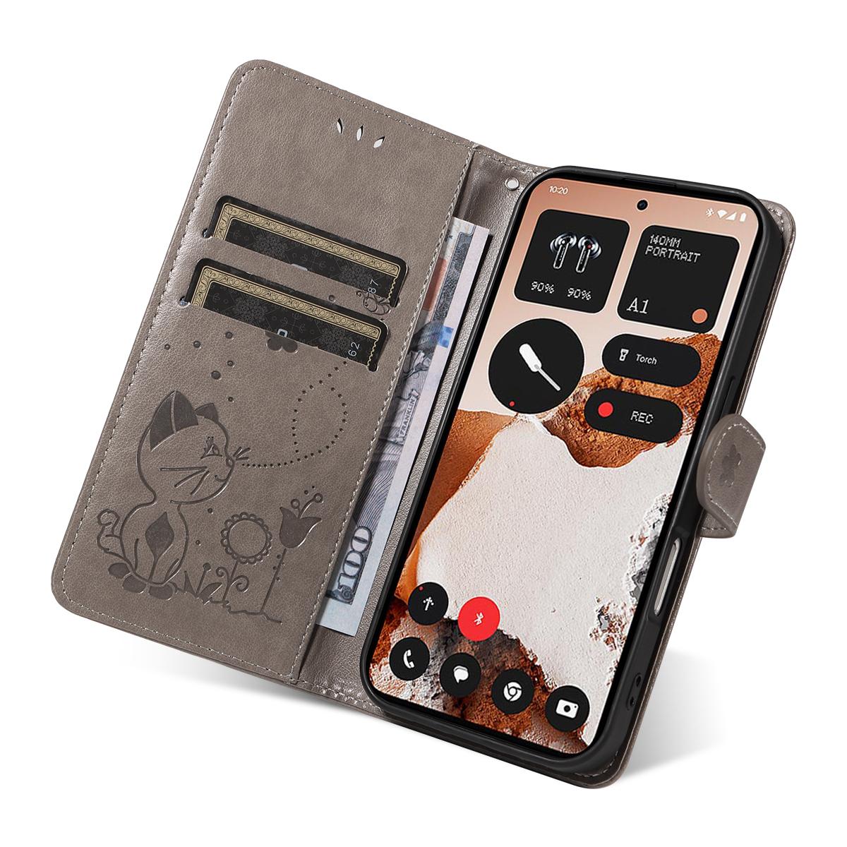 For Nothing CMF Phone 2 Pro Cat and Bee Embossed Flip Leather Phone Case Wallet Cover with Card Slots Cash Pocket Magnetic Stand Protective Shockproof TPU PU Leather Case with Wrist Strap