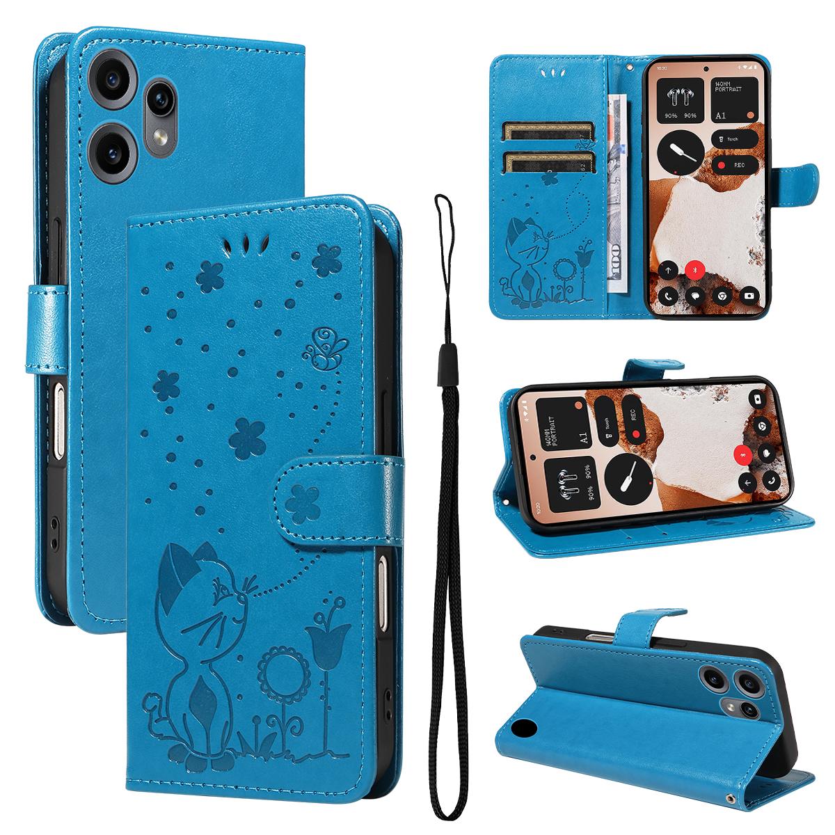 For Nothing CMF Phone 2 Pro Cat and Bee Embossed Flip Leather Phone Case Wallet Cover with Card Slots Cash Pocket Magnetic Stand Protective Shockproof TPU PU Leather Case with Wrist Strap