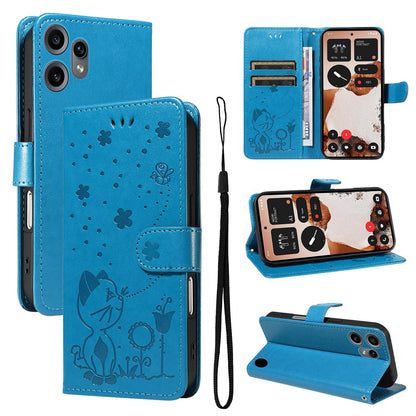 For Nothing CMF Phone 2 Pro Cat and Bee Embossed Flip Leather Phone Case Wallet Cover with Card Slots Cash Pocket Magnetic Stand Protective Shockproof TPU PU Leather Case with Wrist Strap
