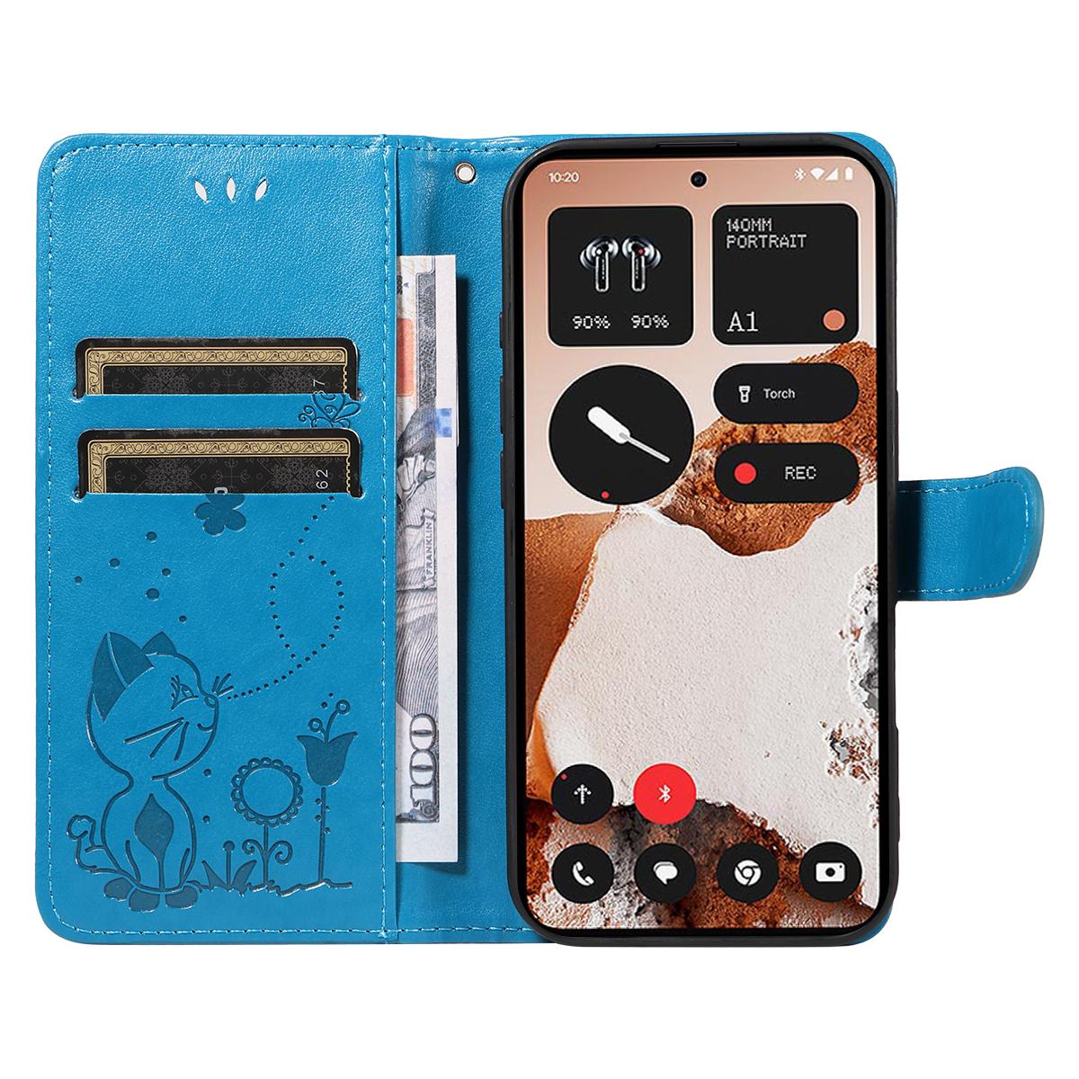 For Nothing CMF Phone 2 Pro Cat and Bee Embossed Flip Leather Phone Case Wallet Cover with Card Slots Cash Pocket Magnetic Stand Protective Shockproof TPU PU Leather Case with Wrist Strap