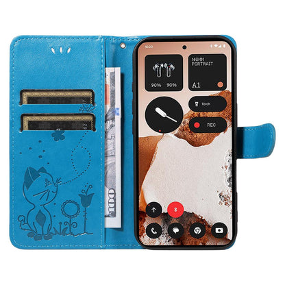For Nothing CMF Phone 2 Pro Cat and Bee Embossed Flip Leather Phone Case Wallet Cover with Card Slots Cash Pocket Magnetic Stand Protective Shockproof TPU PU Leather Case with Wrist Strap